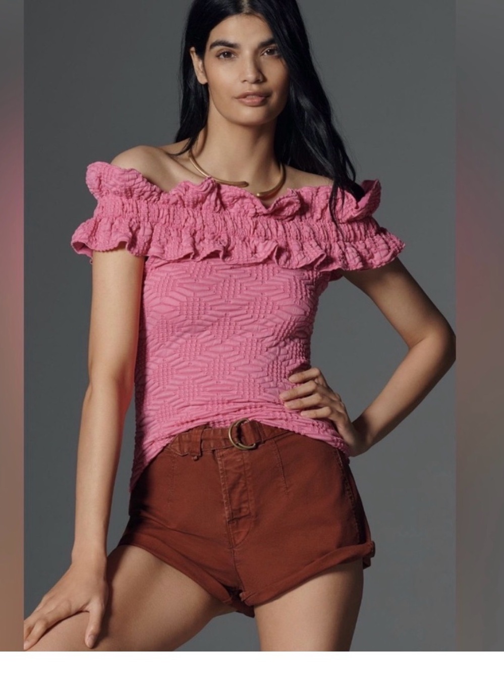 Maeve Textured One-Shoulder Ruffle Knit  in Pink